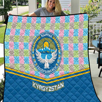 Kyrgyzstan Colorful Patchwork Pattern Quilt with National Crest and Flag Accents