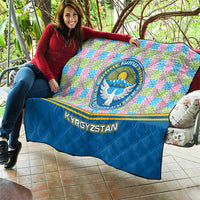 Kyrgyzstan Colorful Patchwork Pattern Quilt with National Crest and Flag Accents