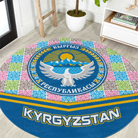 Kyrgyzstan Colorful Patchwork Pattern Round Carpet with National Crest and Flag Accents