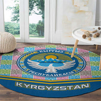 Kyrgyzstan Colorful Patchwork Pattern Round Carpet with National Crest and Flag Accents