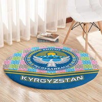 Kyrgyzstan Colorful Patchwork Pattern Round Carpet with National Crest and Flag Accents