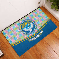 Kyrgyzstan Colorful Patchwork Pattern Rubber Doormat with National Crest and Flag Accents