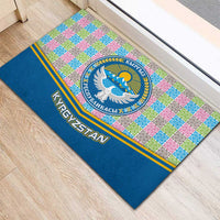Kyrgyzstan Colorful Patchwork Pattern Rubber Doormat with National Crest and Flag Accents