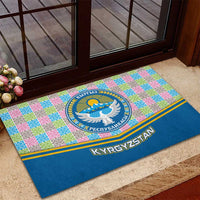 Kyrgyzstan Colorful Patchwork Pattern Rubber Doormat with National Crest and Flag Accents