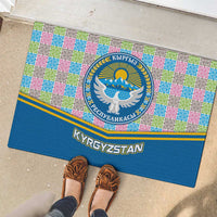 Kyrgyzstan Colorful Patchwork Pattern Rubber Doormat with National Crest and Flag Accents