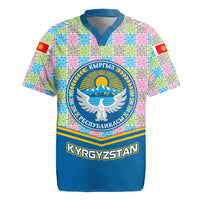 Kyrgyzstan Colorful Patchwork Pattern Rugby Jersey with National Crest and Flag Accents