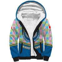 Kyrgyzstan Colorful Patchwork Pattern Sherpa Hoodie with National Crest and Flag Accents
