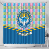 Kyrgyzstan Colorful Patchwork Pattern Shower Curtain with National Crest and Flag Accents