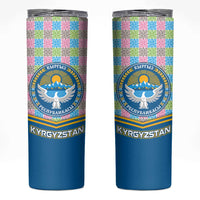 Kyrgyzstan Colorful Patchwork Pattern Skinny Tumbler with National Crest and Flag Accents