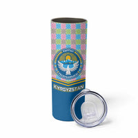 Kyrgyzstan Colorful Patchwork Pattern Skinny Tumbler with National Crest and Flag Accents