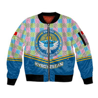 Kyrgyzstan Colorful Patchwork Pattern Sleeve Zip Bomber Jacket with National Crest and Flag Accents