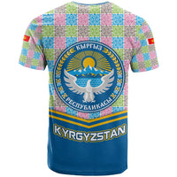Kyrgyzstan Colorful Patchwork Pattern T Shirt with National Crest and Flag Accents