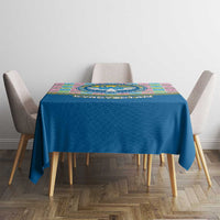 Kyrgyzstan Colorful Patchwork Pattern Tablecloth with National Crest and Flag Accents