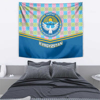 Kyrgyzstan Colorful Patchwork Pattern Tapestry with National Crest and Flag Accents