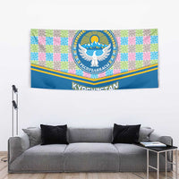 Kyrgyzstan Colorful Patchwork Pattern Tapestry with National Crest and Flag Accents
