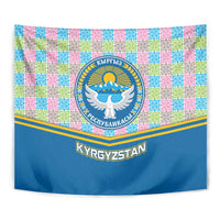 Kyrgyzstan Colorful Patchwork Pattern Tapestry with National Crest and Flag Accents