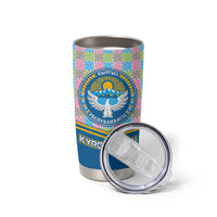 Kyrgyzstan Colorful Patchwork Pattern Tumbler Cup with National Crest and Flag Accents