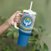Kyrgyzstan Colorful Patchwork Pattern Tumbler With Handle with National Crest and Flag Accents