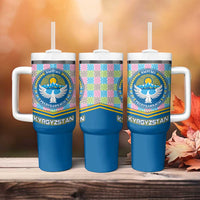 Kyrgyzstan Colorful Patchwork Pattern Tumbler With Handle with National Crest and Flag Accents