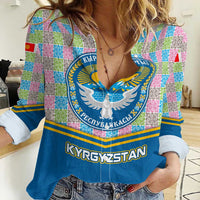 Kyrgyzstan Colorful Patchwork Pattern Women Casual Shirt with National Crest and Flag Accents