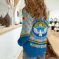 Kyrgyzstan Colorful Patchwork Pattern Women Casual Shirt with National Crest and Flag Accents
