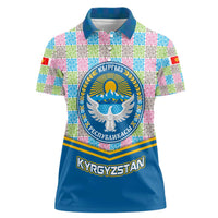 Kyrgyzstan Colorful Patchwork Pattern Women Polo Shirt with National Crest and Flag Accents