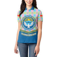 Kyrgyzstan Colorful Patchwork Pattern Women Polo Shirt with National Crest and Flag Accents