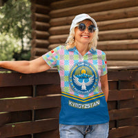 Kyrgyzstan Colorful Patchwork Pattern Women Polo Shirt with National Crest and Flag Accents