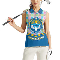 Kyrgyzstan Colorful Patchwork Pattern Women Sleeveless Polo Shirt with National Crest and Flag Accents