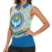 Kyrgyzstan Colorful Patchwork Pattern Women Sleeveless Polo Shirt with National Crest and Flag Accents