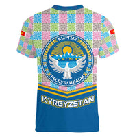 Kyrgyzstan Colorful Patchwork Pattern Women V-Neck T-Shirt with National Crest and Flag Accents