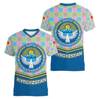 Kyrgyzstan Colorful Patchwork Pattern Women V-Neck T-Shirt with National Crest and Flag Accents