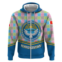 Kyrgyzstan Colorful Patchwork Pattern Zip Hoodie with National Crest and Flag Accents