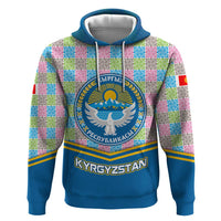 Kyrgyzstan Colorful Patchwork Pattern Zip Hoodie with National Crest and Flag Accents