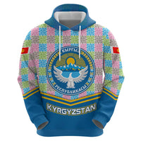 Kyrgyzstan Colorful Patchwork Pattern Zip Hoodie with National Crest and Flag Accents