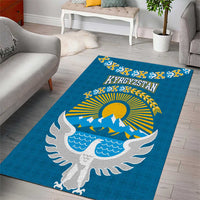 Kyrgyzstan Mountain Sunrise Area Rug with Blue with Eagle, Sun, and National Flag Design