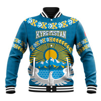 Kyrgyzstan Mountain Sunrise Baseball Jacket with Blue with Eagle, Sun, and National Flag Design
