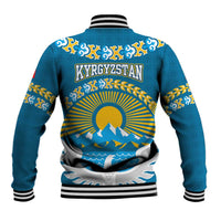 Kyrgyzstan Mountain Sunrise Baseball Jacket with Blue with Eagle, Sun, and National Flag Design