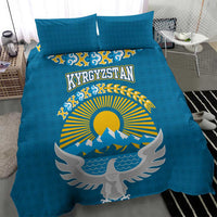 Kyrgyzstan Mountain Sunrise Bedding Set with Blue with Eagle, Sun, and National Flag Design