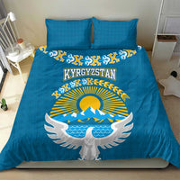 Kyrgyzstan Mountain Sunrise Bedding Set with Blue with Eagle, Sun, and National Flag Design