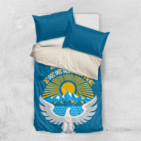 Kyrgyzstan Mountain Sunrise Bedding Set with Blue with Eagle, Sun, and National Flag Design