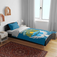 Kyrgyzstan Mountain Sunrise Bedding Set with Blue with Eagle, Sun, and National Flag Design