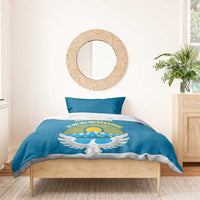 Kyrgyzstan Mountain Sunrise Bedding Set with Blue with Eagle, Sun, and National Flag Design