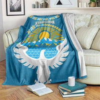 Kyrgyzstan Mountain Sunrise Blanket with Blue with Eagle, Sun, and National Flag Design