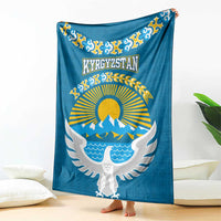 Kyrgyzstan Mountain Sunrise Blanket with Blue with Eagle, Sun, and National Flag Design