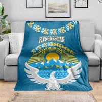 Kyrgyzstan Mountain Sunrise Blanket with Blue with Eagle, Sun, and National Flag Design