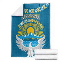 Kyrgyzstan Mountain Sunrise Blanket with Blue with Eagle, Sun, and National Flag Design