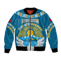 Kyrgyzstan Mountain Sunrise Bomber Jacket with Blue with Eagle, Sun, and National Flag Design