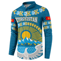Kyrgyzstan Mountain Sunrise Button Sweatshirt with Blue with Eagle, Sun, and National Flag Design