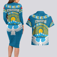 Kyrgyzstan Mountain Sunrise Couples Matching Long Sleeve Bodycon Dress and Hawaiian Shirt with Blue with Eagle, Sun, and National Flag Design